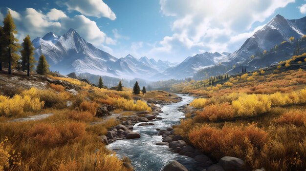 A landscape with mountains and a river in the foreground