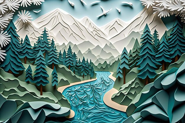 Landscape with mountains river and pine forest made from paper cutout Generative AI