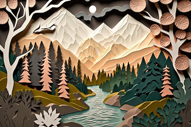 Landscape with mountains river and pine forest made from paper cutout Generative AI