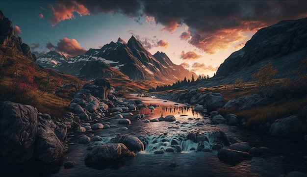 A landscape with mountains and a river with a sunset in the background