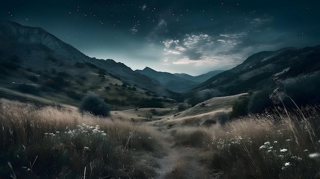 A landscape with mountains and a road that has a sign that says'the road to heaven '