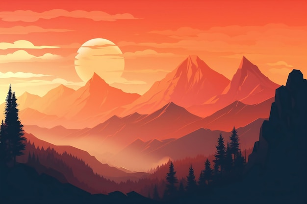 A landscape with mountains and a sun