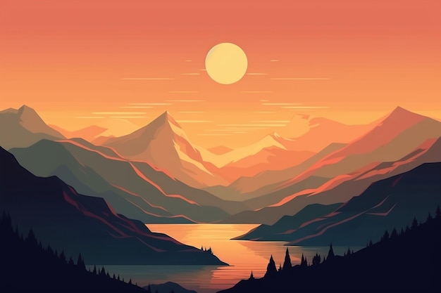 A landscape with mountains and a sun