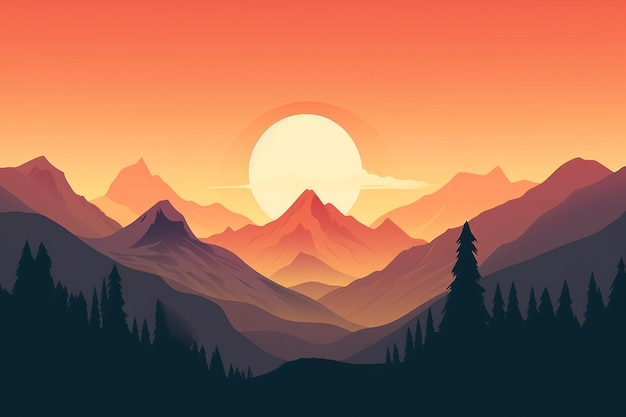 A landscape with mountains and a sunset in the background.