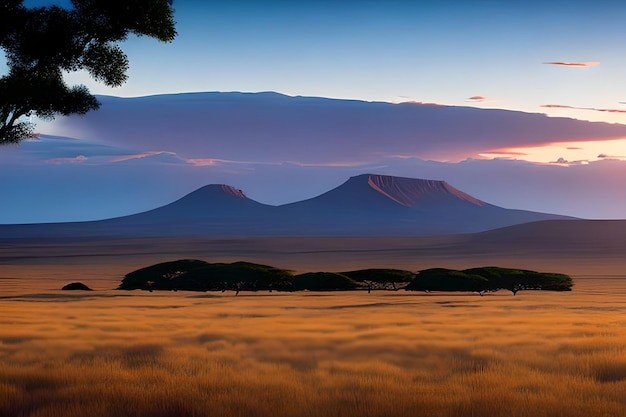 A landscape with mountains and a sunset in the background