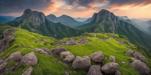 A landscape with mountains and a sunset in the background