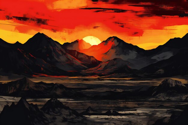 山と日没の風景 デジタル絵画