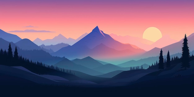 A landscape with mountains and a sunset with the sun shining on the horizon.