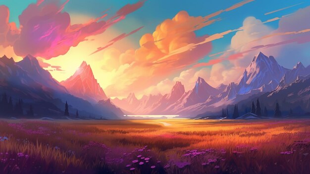 A landscape with mountains and a sunset