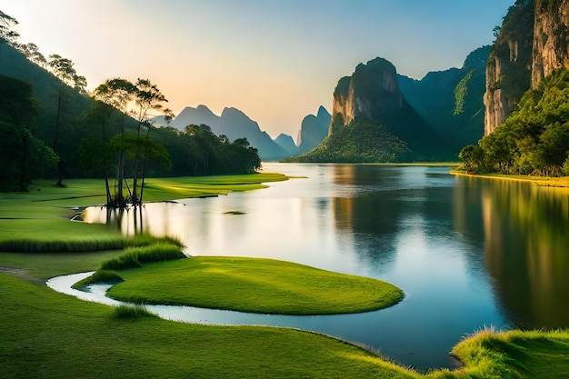 A landscape with mountains and trees in the background