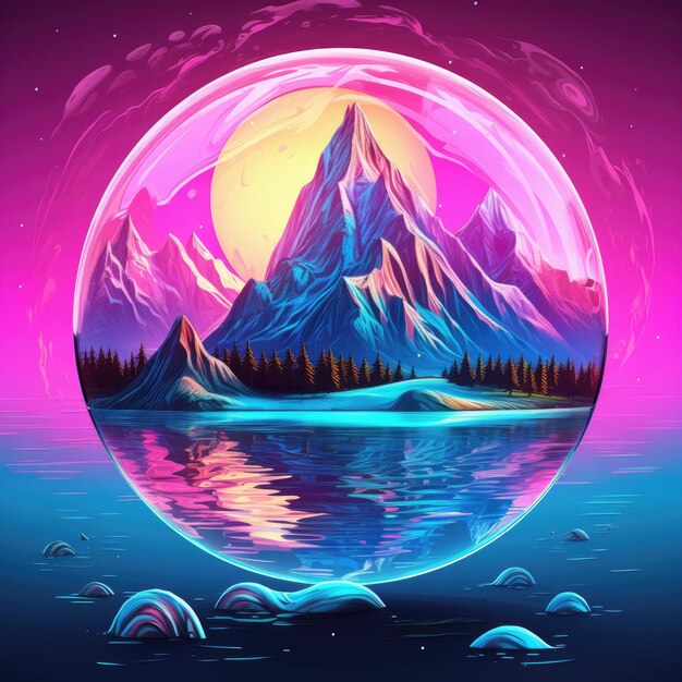 A landscape with mountains and trees in a bubble