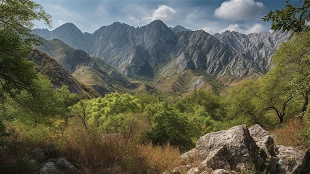 Пейзаж с горами и деревьями на переднем плане