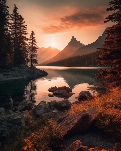 A landscape with mountains and trees in the foreground