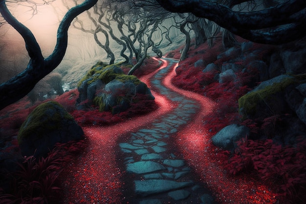 Landscape with mystical forest and stone path and reddish vegetation Generative AI