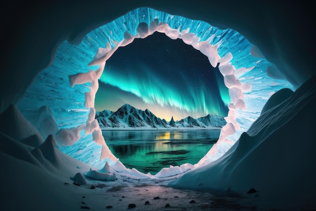 Пейзаж с мистическим ледяным порталом, горами северного сияния и ледниками на заднем плане AI