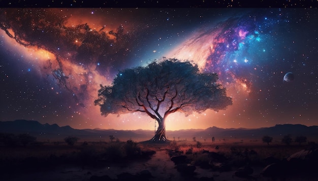 Photo landscape with mystical tree milky way and stars in the sky generative ai