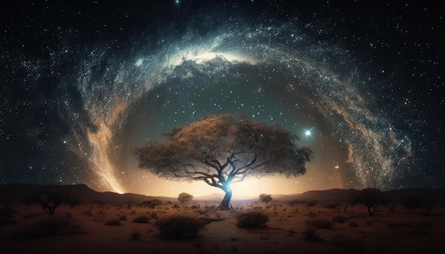 神秘的な木々の天の川と空の星のある風景 生成 AI