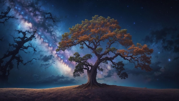 Landscape with mystical tree milky way and stars in the sky