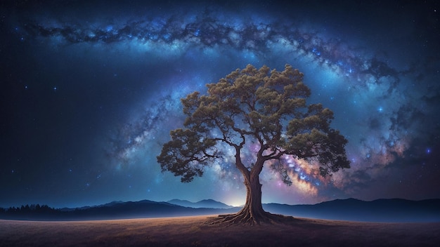 Landscape with mystical tree milky way and stars in the sky