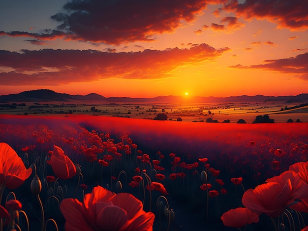 Landscape with nice sunset over poppy field panorama Neural network Ai generation