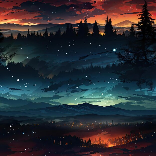 Landscape with night lights mountains and stars in colorful fantasy style tiled