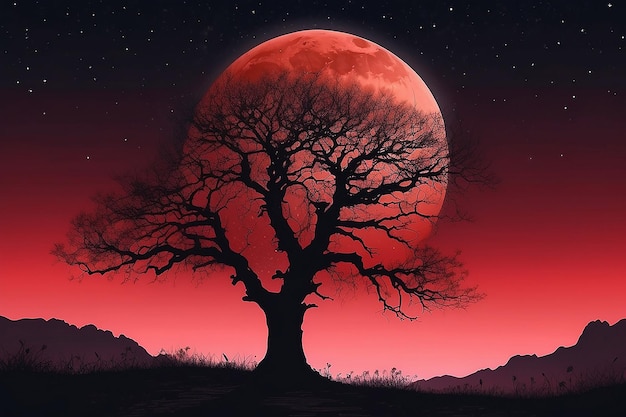 Landscape with old tree silhouette against a red moonlit sky