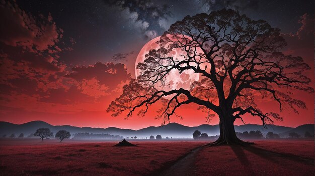 Landscape with old tree silhouette against a red moonlit sky