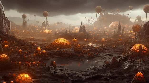 A landscape with orange and yellow spheres Generative AI Art