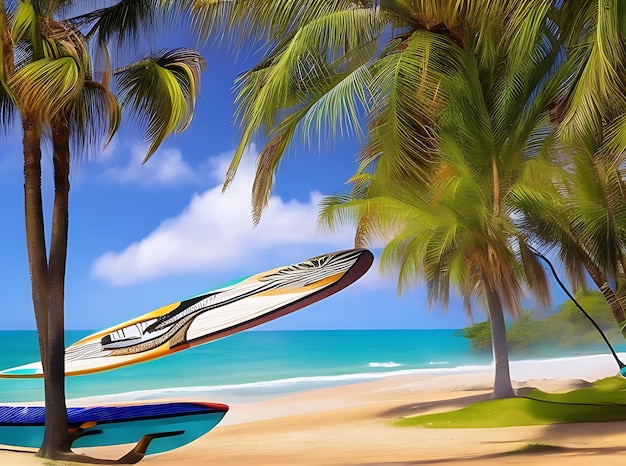 Landscape with palm trees and a surfboard background in a beautiful beach