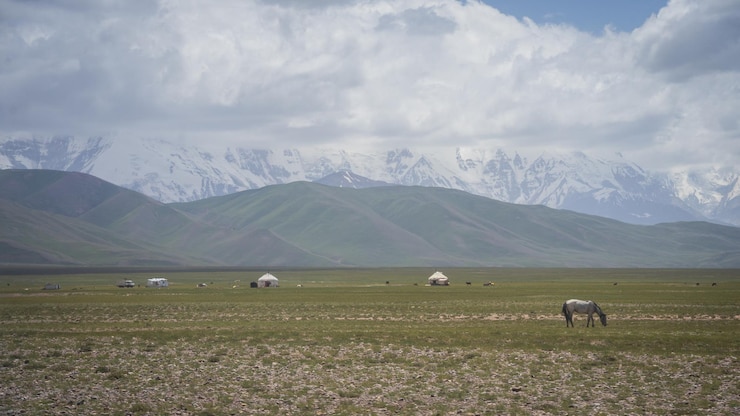Photo landscape with pamir mountains backdrop and nomadic yurts and horses in foreground kyrgyzstan
