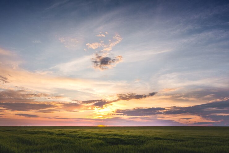 Photo landscape with a picturesque sky with clouds during the sunset in the field 