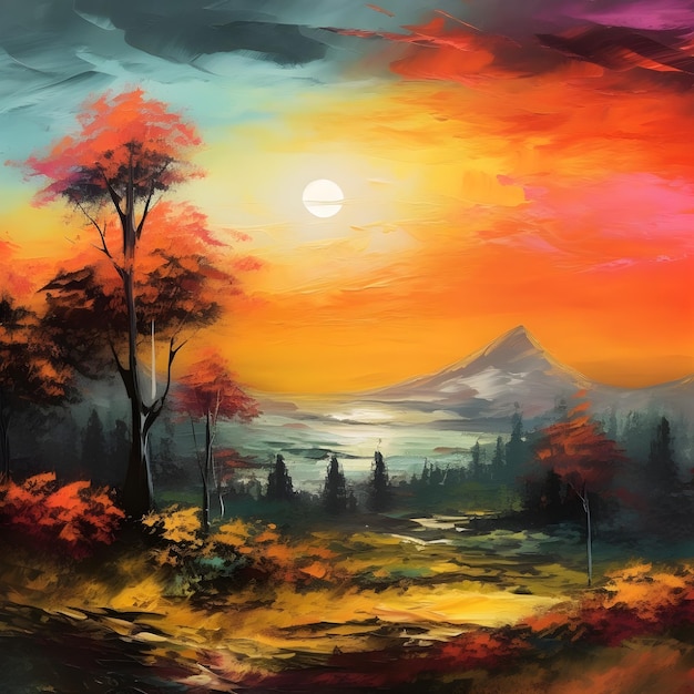Пейзаж с соснами и горами на закате Цифровая живопись