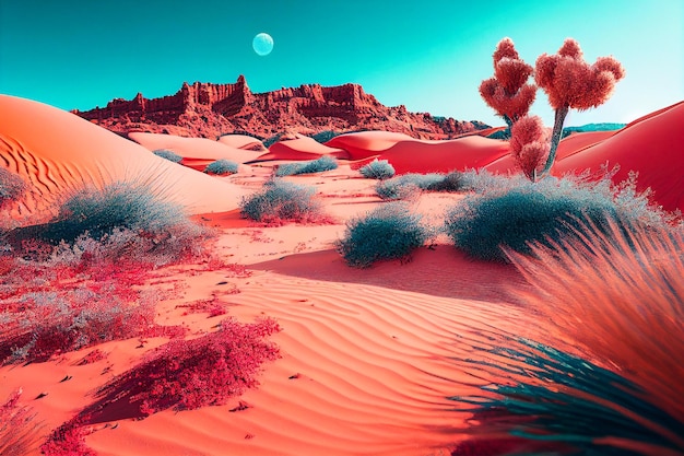 Photo landscape with pink desert in bright sky.