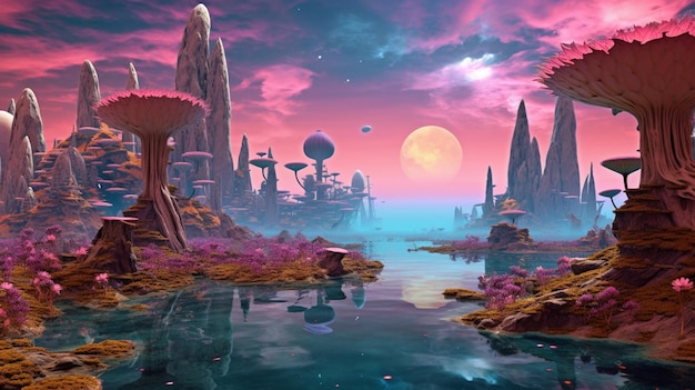 A landscape with a pink sky and a planet in the background