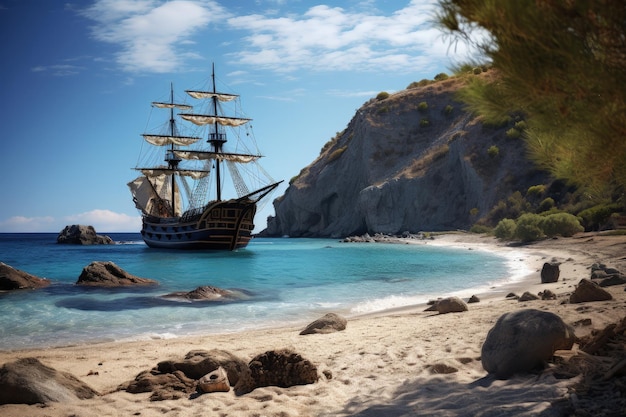 Landscape with a pirate ship anchored on an island Generative AI