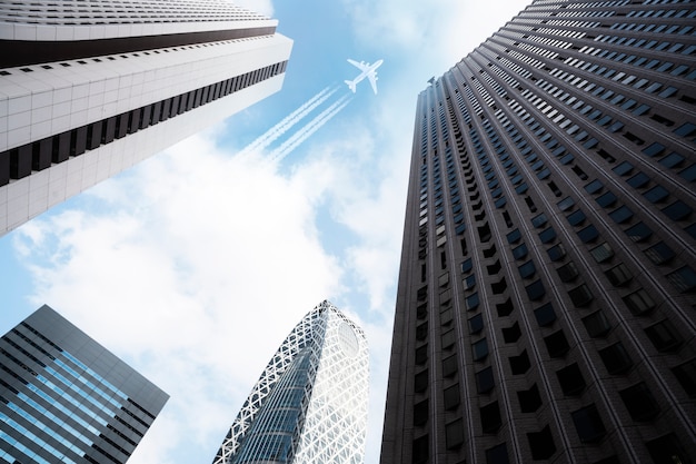 Photo landscape with plane flying in the sky