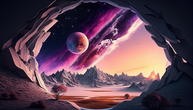 A landscape with a planet and a purple sky