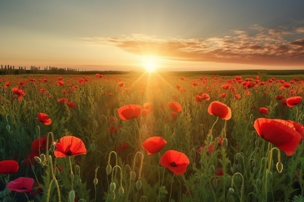 Landscape with poppies at sunset