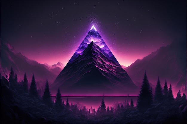 Landscape with purple crystal pyramid and mountains in the background Generative AI