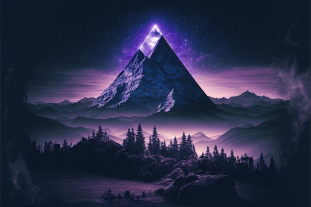 Landscape with purple crystal pyramid and mountains in the background Generative AI