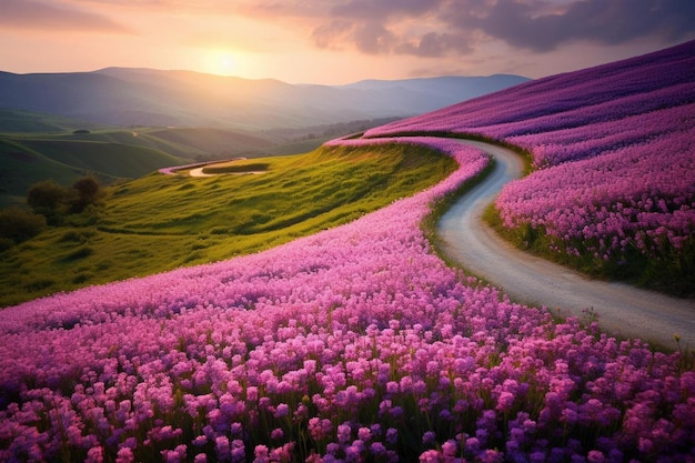 紫色の花と小さな池に続く道のある風景。