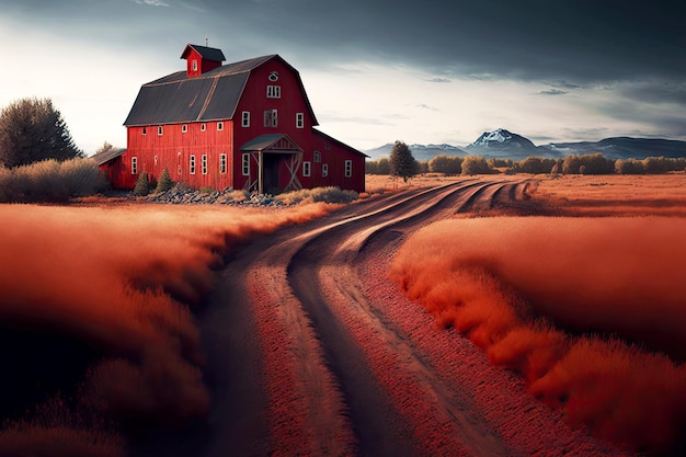 Landscape with red abandoned farm houses in grey burgundy tones