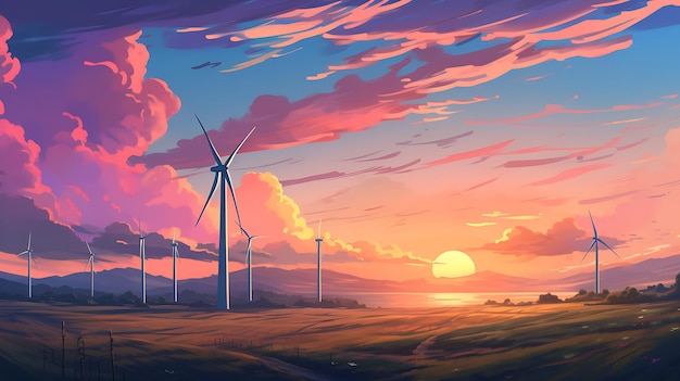 landscape with renewable and sustainable energy with wind turbines generative ai