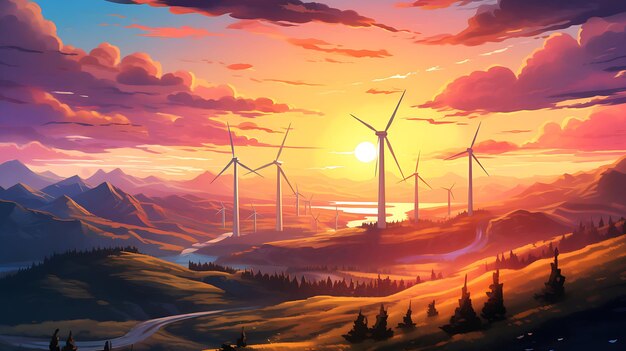 landscape with renewable and sustainable energy with wind turbines generative ai