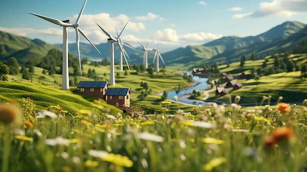 landscape with renewable and sustainable energy with wind turbines generative ai