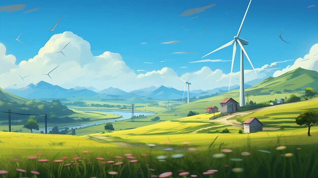 landscape with renewable and sustainable energy with wind turbines generative ai