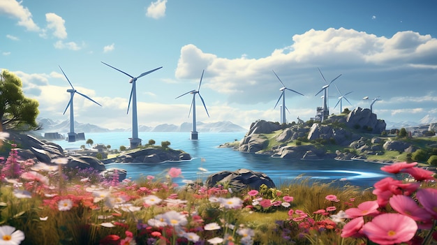 landscape with renewable and sustainable energy with wind turbines generative ai