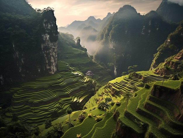 Пейзаж с рисовыми террасами и горами на заднем плане.