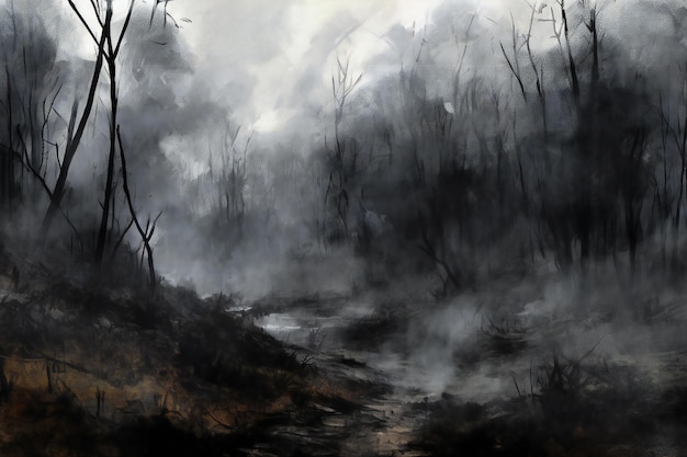 Landscape with river and forest in the smoke Digital painting