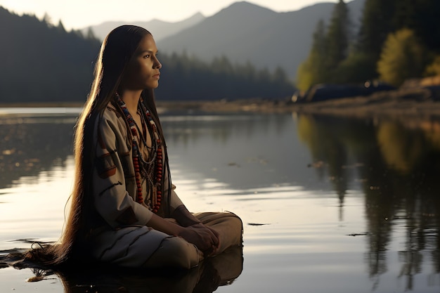 landscape with a river or lake emphasizing the importance of water in Native American traditions